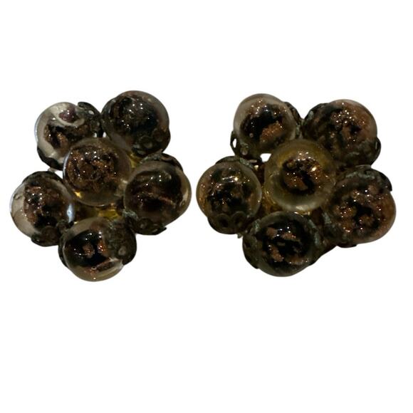 Vintage glass bead cluster clip earrings, brown marked made in Italy - Picture 2 of 12